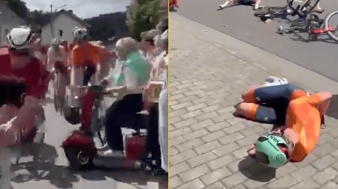Horrific moment pensioner in mobility scooter causes spectacular crash during cycling race