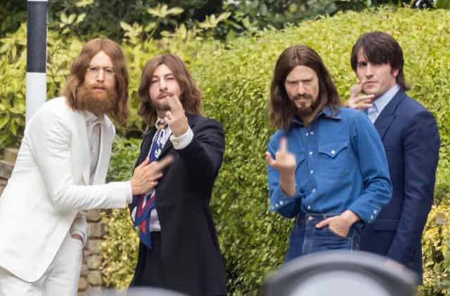Beatles biopic stars recreate the Abbey Road cover, with two Irish leads front and centre