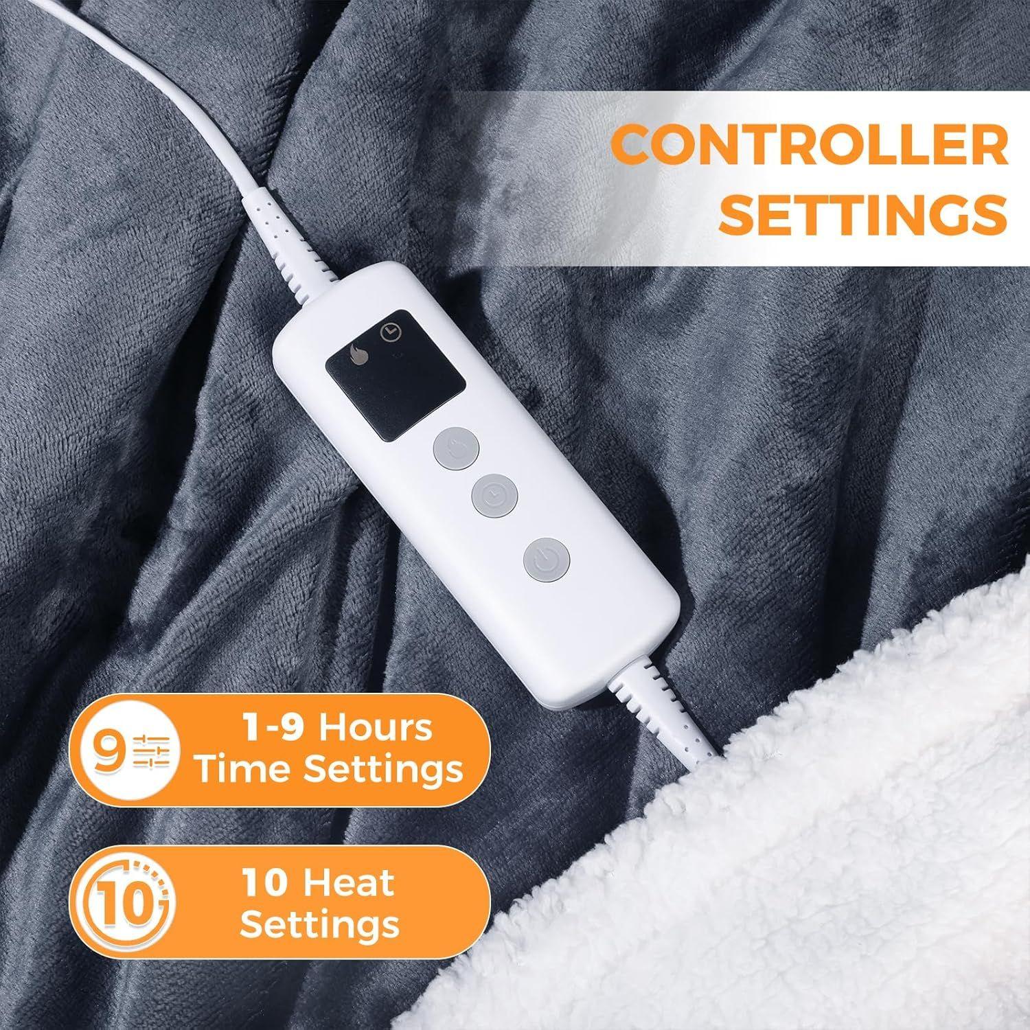 The electric blanket has a timer and 10 different heat settings.