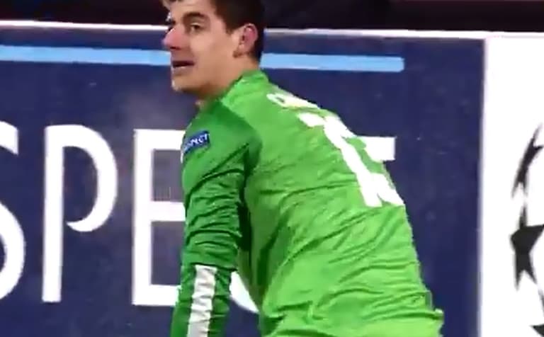 Video: Thibaut Courtois was responsible for a truly terrible Atletico Madrid own goal this evening Video: Thibaut Courtois was responsible for a truly terrible Atletico Madrid own goal this evening