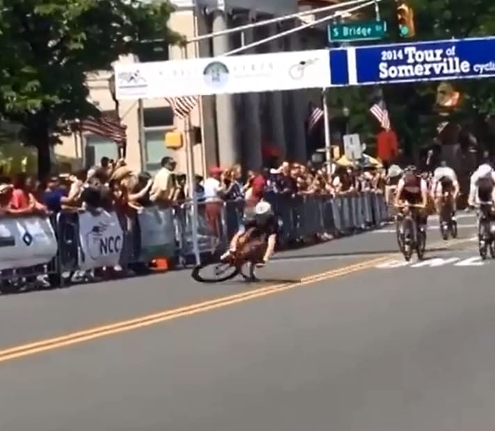 Video: Cyclist illustrates the painful consequences of taking your arms off the handlebars after winning a race Video: Cyclist illustrates the painful consequences of taking your arms off the handlebars after winning a race