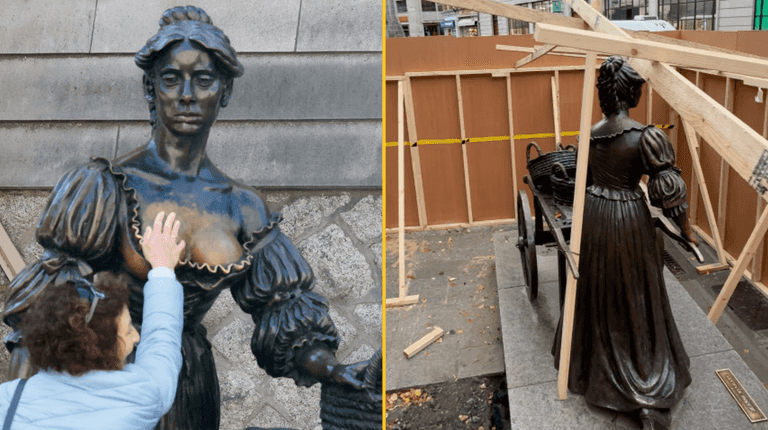 Molly Malone statue boarded up amid controversial touching debate Molly Malone statue boarded up amid controversial touching debate