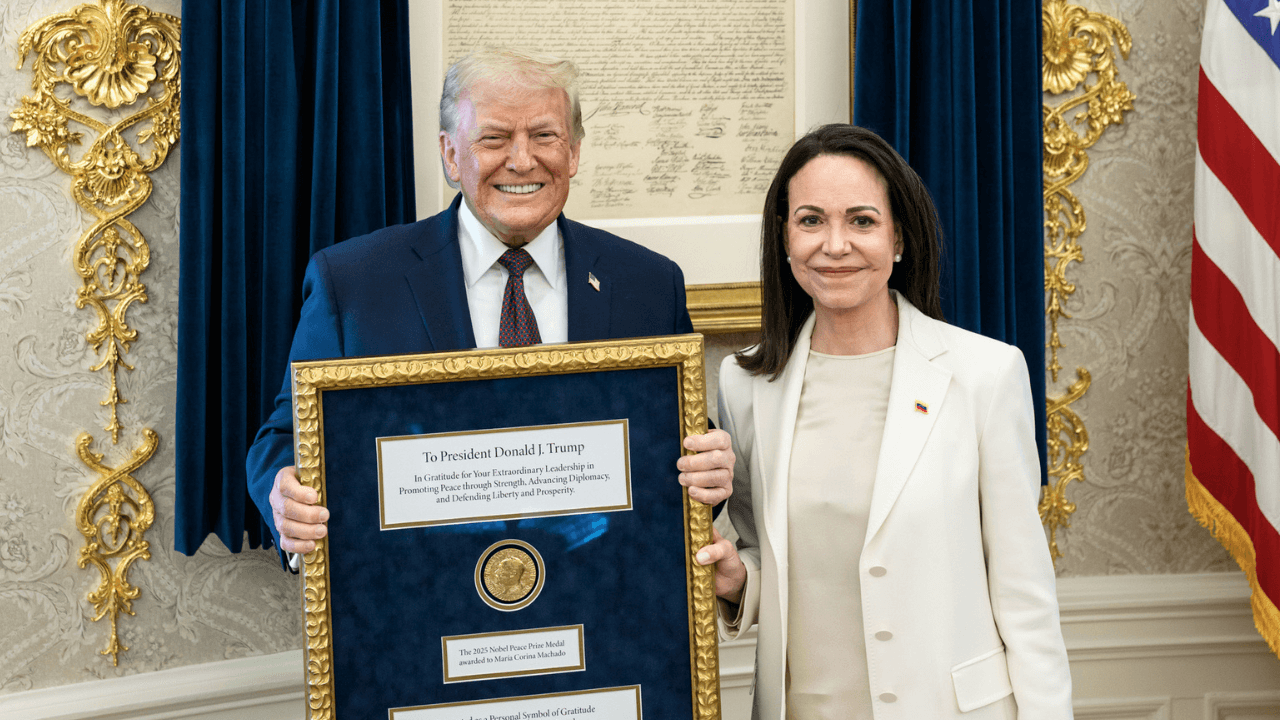 Nobel Peace Prize’s frosty statement as winner María Corina Machado gives Donald Trump medal
