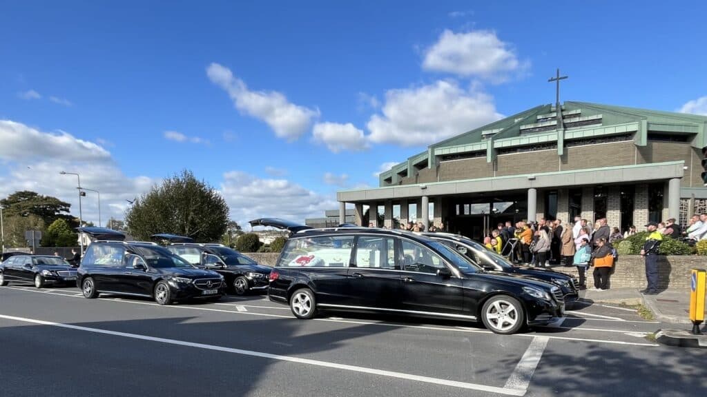 Coffins of the English family arriving at Sacred Heart Church in Waterford for the reposal