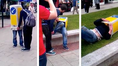What a load of bollards – silly man gets stuck inside a traffic cone