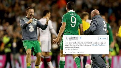 VIDEO: Justin Bieber posts footage sent to him by Robbie Keane of the Irish team bus after victory over Germany