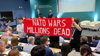 Micheál Martin speech gatecrashed by anti-NATO protesters