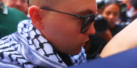 Kneecap rapper Mo Chara arrives at Court wearing a keffiyeh