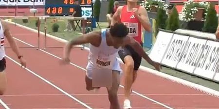 Athlete wins 400m hurdle race despite penis repeatedly falling out of shorts
